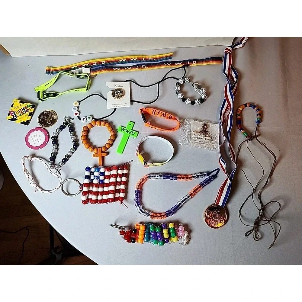 20+ Pcs Children's Costume Jewelry Jesus, WWJD, American Flag, Bracelets, Pins